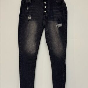 Black High Rise Button Fly Jeggings Distressed Stretch Skinny Pants L